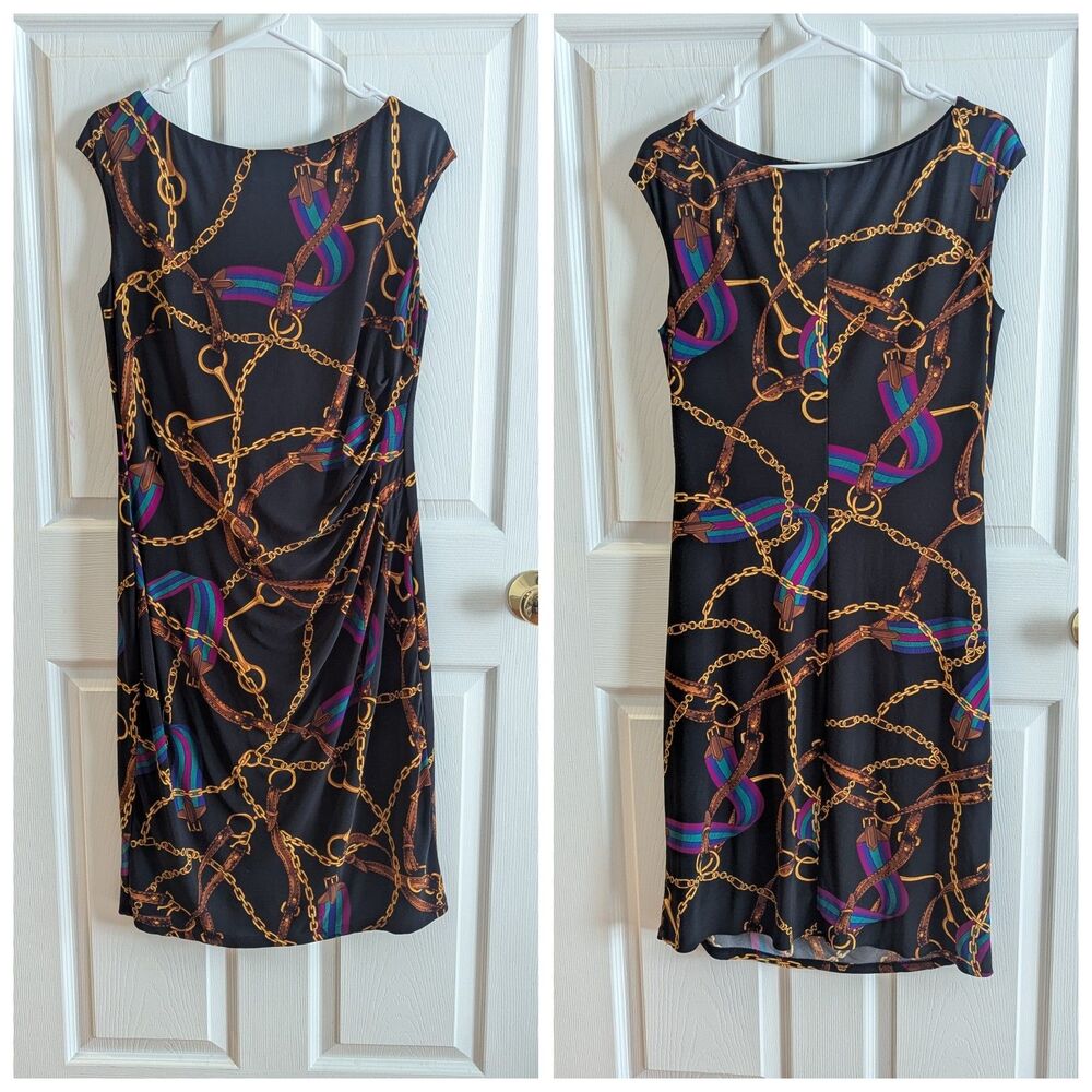 Lauren Ralph Lauren Women's Size 12 Black‎ & Gold Chain Patterned Pull On Dress